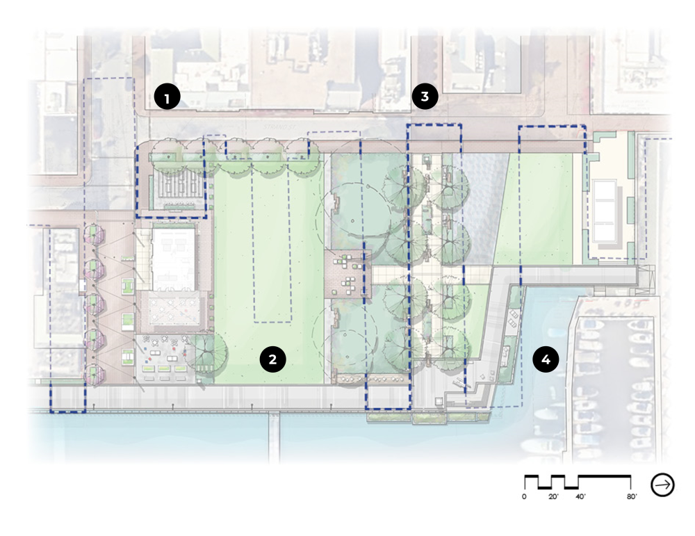 Bird's-eye view rendering of proposed changes to Waterfront Park with historic shoreline outline.