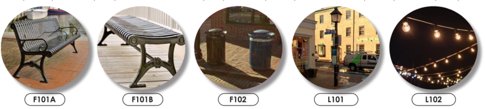 Visuals of proposed furnishings used in the King Street and Strand Street Pedestrian Area plan.