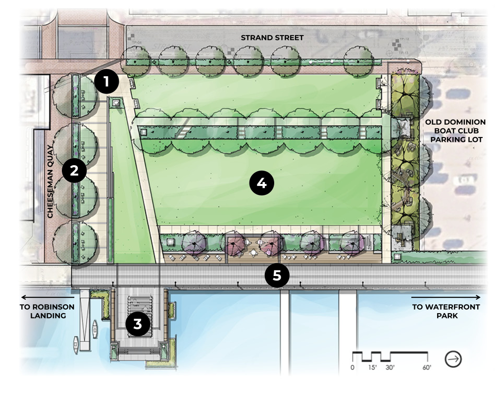 Bird's-eye view rendering of proposed landscape improvements for Point Lumley Park with numbers listing the main park components.