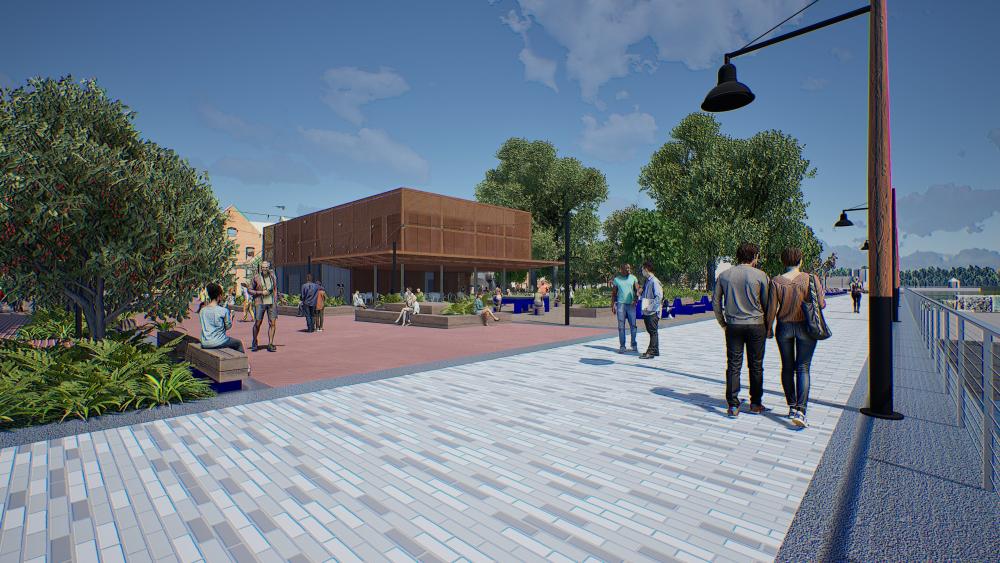 Rendering looking north west at the Waterfront Park Pump Station.