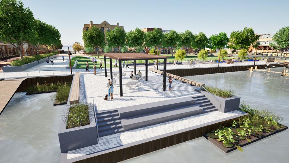 Rendering of Point Lumley Park at street level, looking west at the Wharf structure.