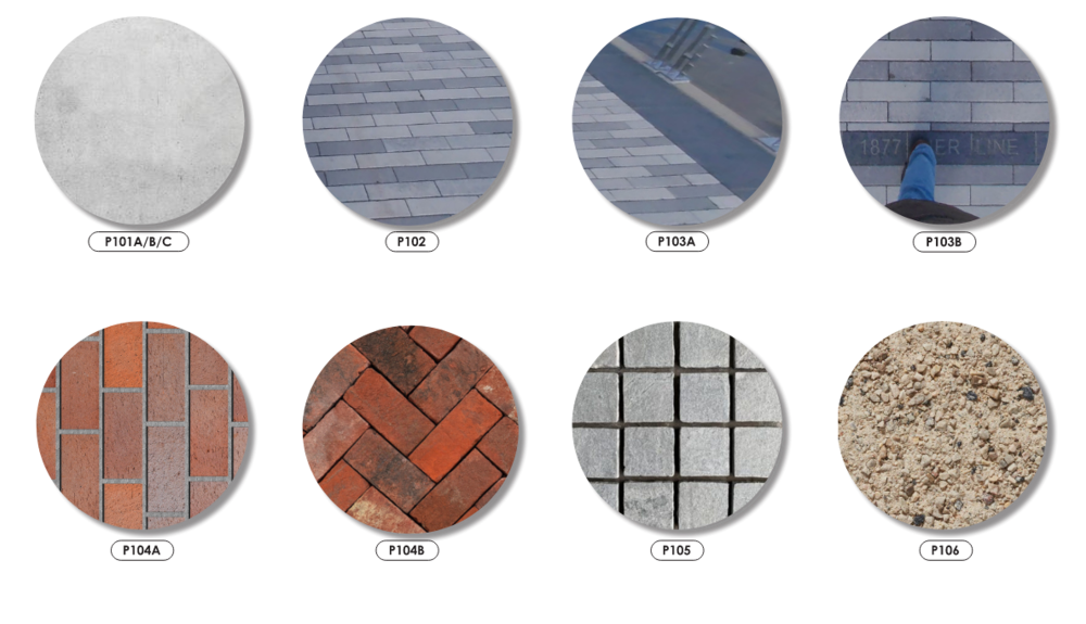The first page of paving materials used throughout the proposed Waterfront Park plan.