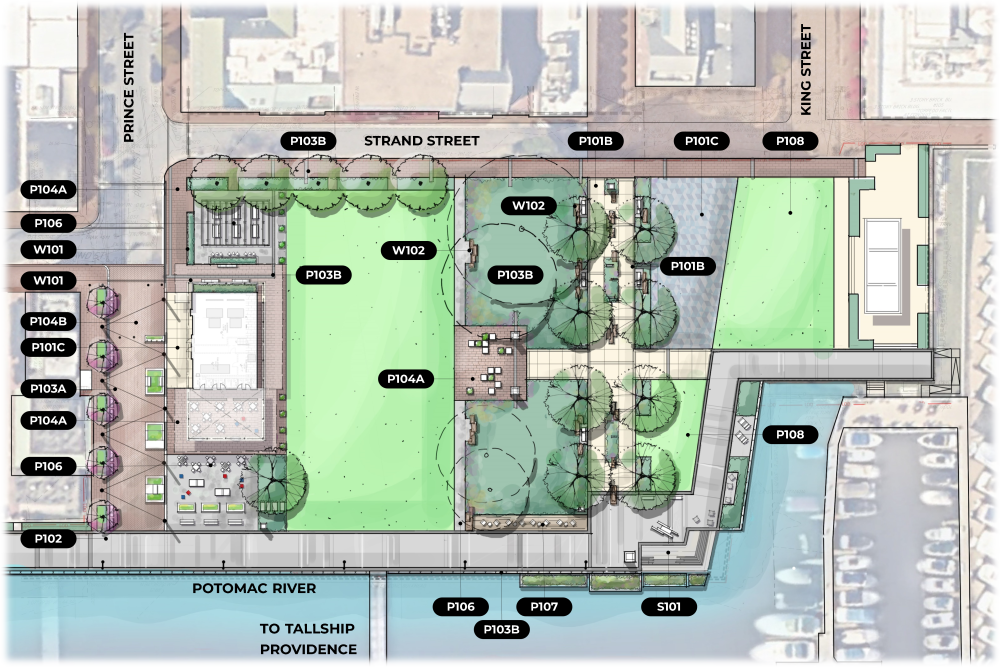Rendering of proposed plan for Waterfront Park with index numbers pointing to different materials.