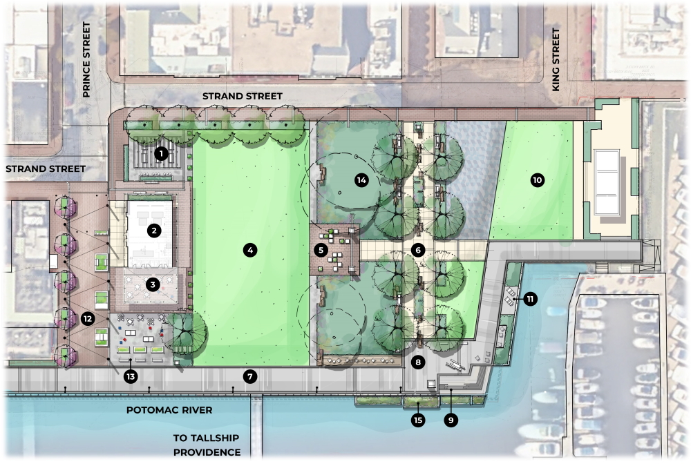 Bird's-eye view rendering of proposed landscape improvements for Waterfront Park with numbers listing the plan components.