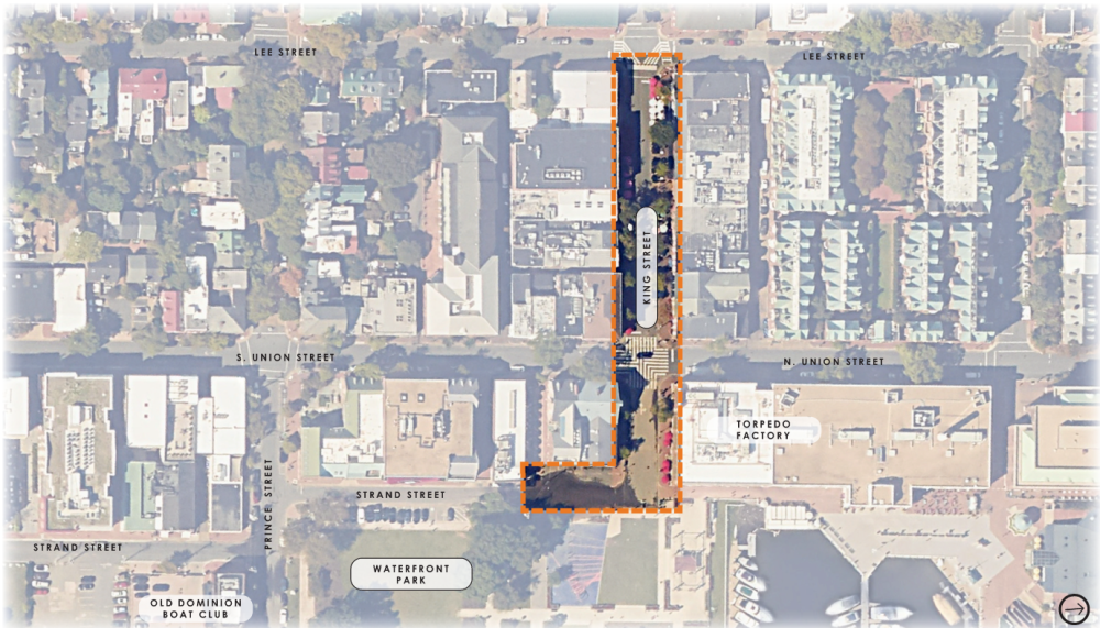Birds-eye view of the King St-Strand St Pedestrian Area, with the boundary outlined in an orange dashed line.