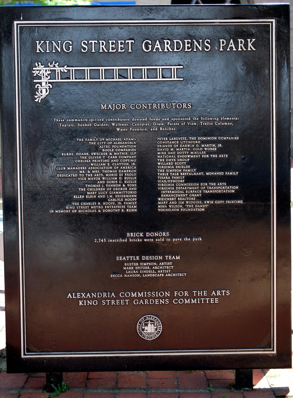King Street Gardens dedication plaque