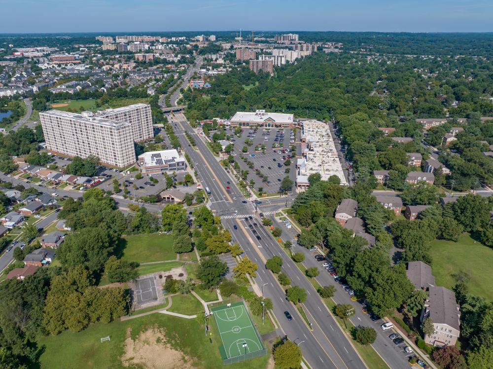 Drone aerial looking west to Landmark Mall