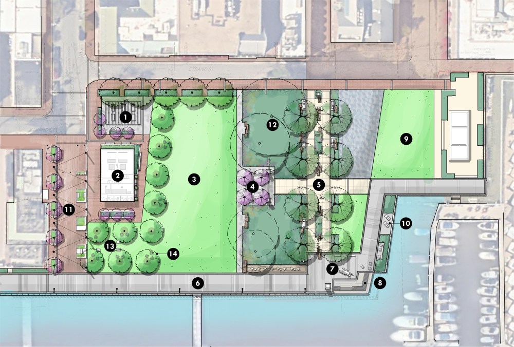 Birds-eye view of the Waterfront Park featuring the new reduced pump station footprint and landscape design alternative 2a.