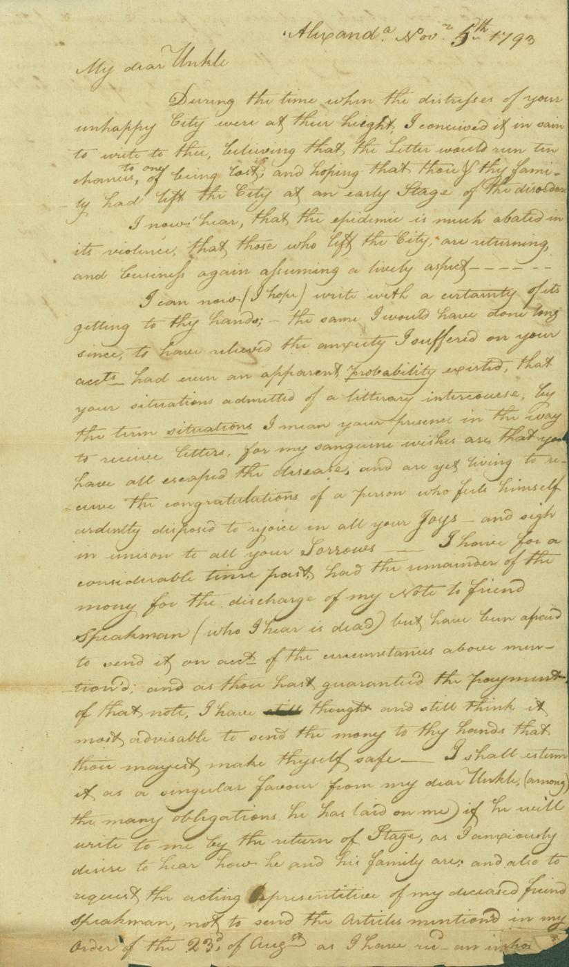 Handwritten letter from Edward Stabler to his uncle William Robinson on November 5, 1793. 