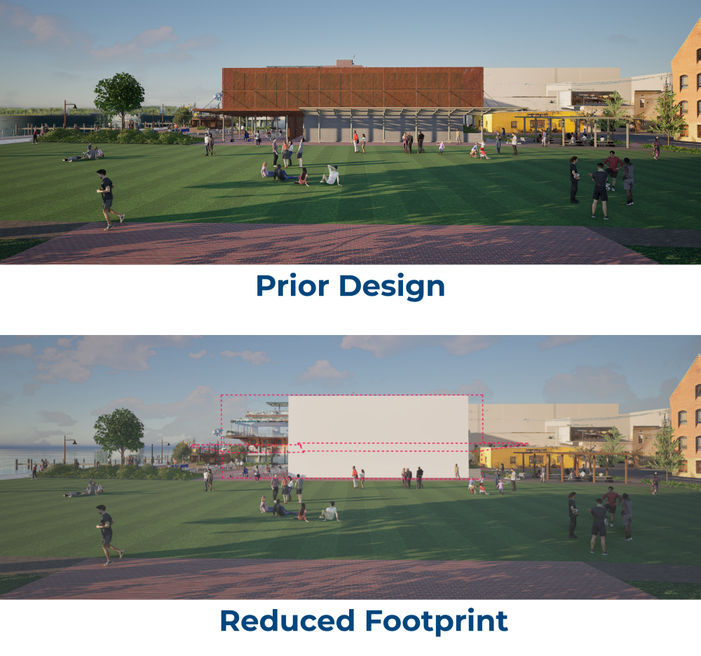 Two images of the pump station, including the existing design and new smaller footprint.