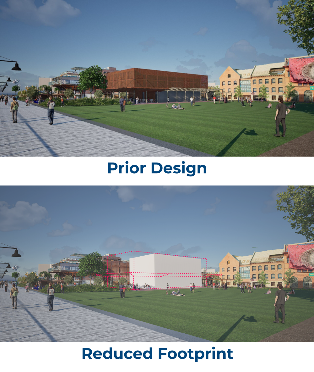 Comparison of the prior pump station design with the approximate shape of the newly reduced footprint structure.