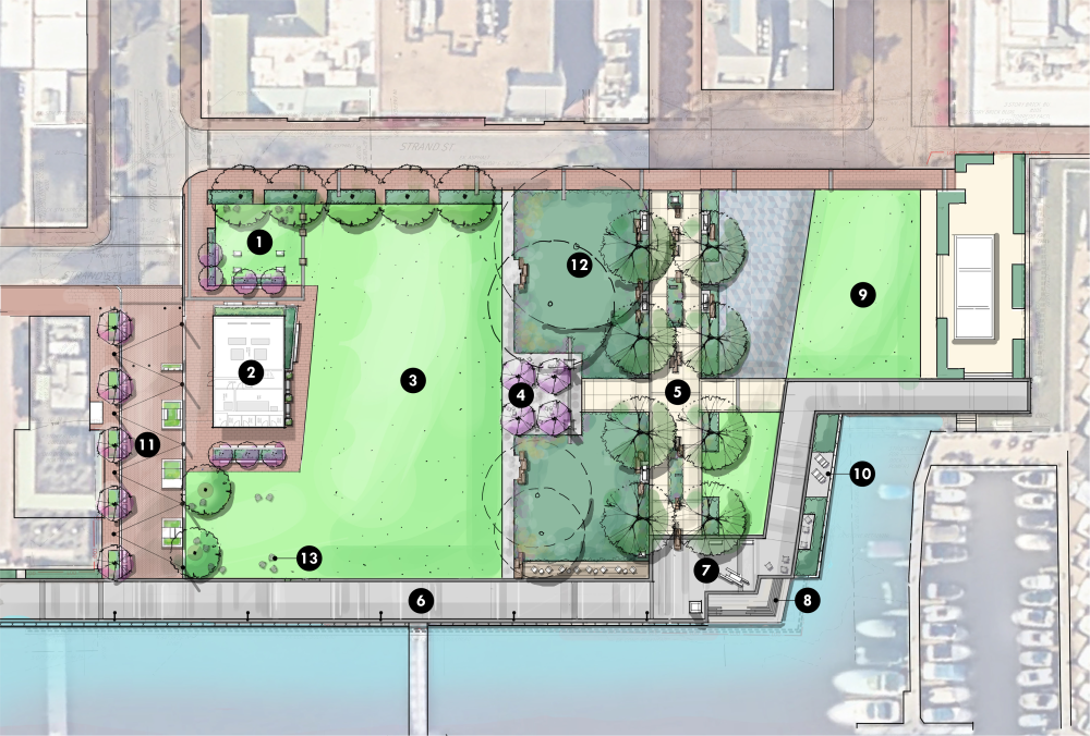 Birds-eye view of the Waterfront Park featuring the new reduced pump station footprint and landscape design alternative 2B.