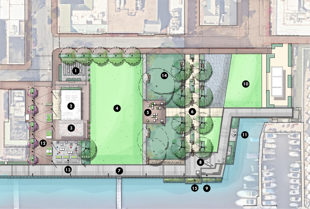 Birds-eye view of the current Waterfront Park landscape design plan featuring new reduced pump station footprint.