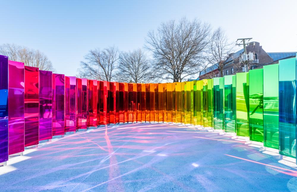 Mirror Mirror Site See Installation with clear glass mirrors arranged in rainbow colors order