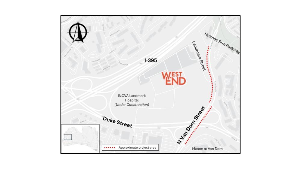 A site map for the proposed location of Access to Landmark Improvements located adjacent to I-395, N Van Dorn Street and Duke Street. The map includes red dotted lines, indicating the locations of proposed work which start at the intersection of the eastbound Duke Street off-ramp and N Van Dorn Street and proceed northward on N Van Dorn Street to the intersection of Holmes Run Parkway.