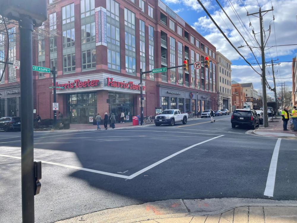 The intersection of Madison Street and North Saint Asaph Street as viewed from the northwest corner. 