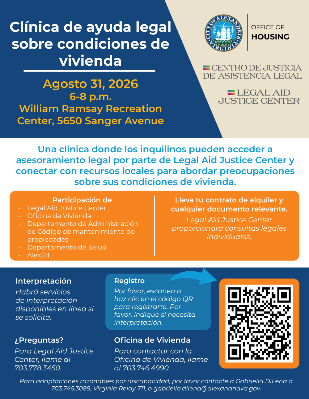 Flyer for August 31 Housing Conditions Clinic in Spanish
