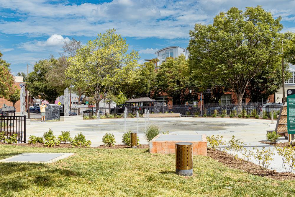 Wide angle of the Colasanto park with green, lush trees, and bushes