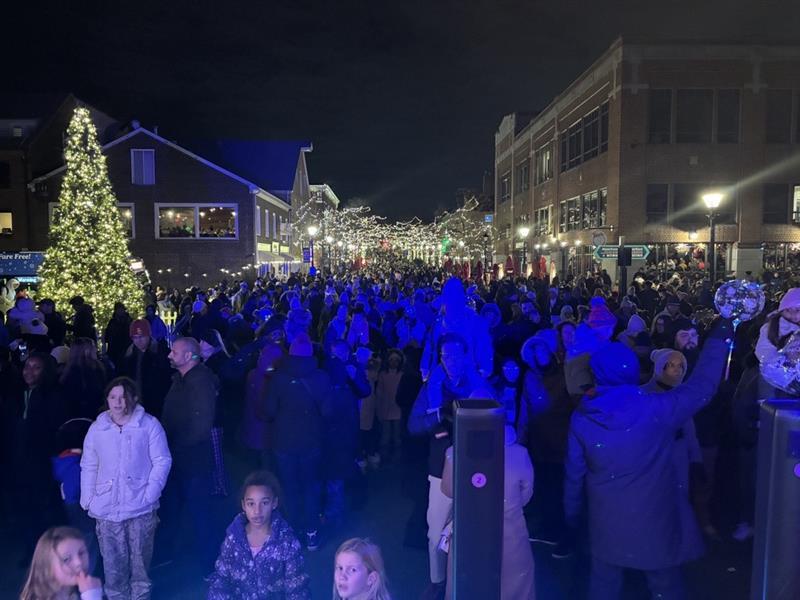 crowd at waterfront with holiday tree, lights and buildings in the background