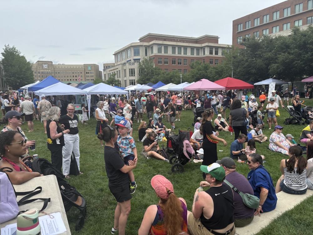 People gathered in grassy area for Alexandria Pride 2026