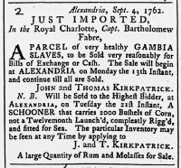 Advertisement for "Gambia Slaves" to be sold in Alexandria, Maryland Gazette 1792