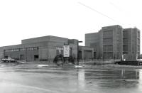 black and white image of brick buildings