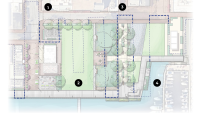 Bird's-eye view rendering of proposed changes to Waterfront Park with historic shoreline outline.