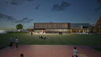 Rendering looking south at the Waterfront Park Pump Station at night.