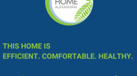 The Eco-City Homes logo sits on a dark blue background. This home is efficient. Comfortable. Healthy. A skyline of a row of homes runs across the bottom.