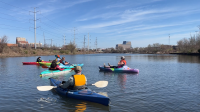 Five kayakers on the river at Kayak Run