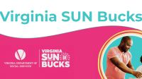 A promotional banner for Virginia SUN Bucks featuring the program title in turquoise text across a white background, with white logos for the Virginia Department of Social Services and Virginia SUN Bucks positioned on a vibrant pink lower graphic panel. A circular photo on the right highlights a smiling Black man and a young child interacting against a bright blue backdrop.
