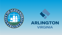 city of alexandria seal on left and arlington virginia logo on right with light blue and gray gradient in background
