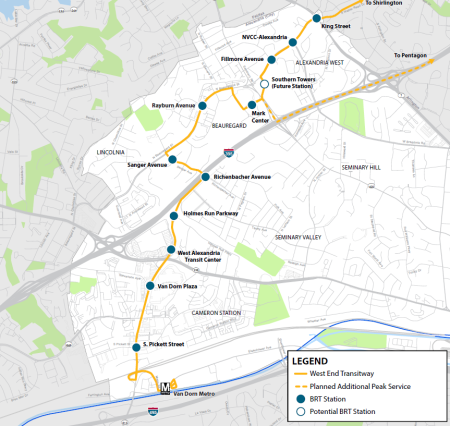 West End Transitway project map from Van Dorn to the Pentagon