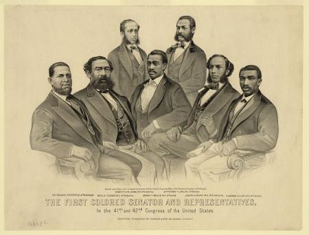 Engraving of seven men, entitled first colored senator and representatives