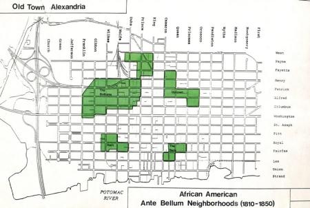 African Americans neighborhoods shown in green on b/w base map