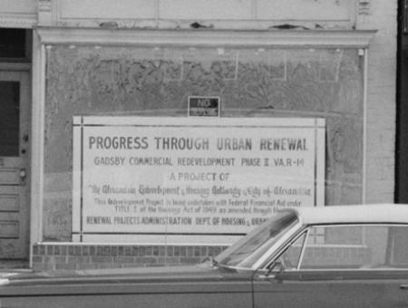 Gadsby Commercial Redevelopment Project sign, with 1960s car