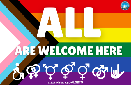 Progress pride flag with "all are welcome here" text