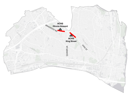 A map of the City of Alexandria highlighting expanded enforcement zones for school speed limits at ACHS campuses. 