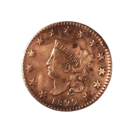 An 1822 U.S. penny with the head of Lady Liberty at its center and 13 stars around the edge to symbolize the 13 original colonies