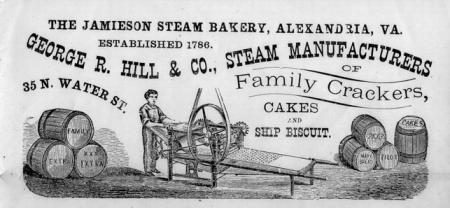 The letterhead for the The Jamieson Steam Bakery has an illustration of baked goods in barrels with a worker in the center. It says it was established in 1786 and is currently on 35 North Water (Lee) Street.