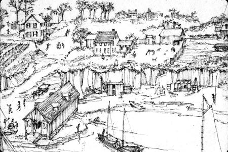 Illustration of 18th-century Point Lumley showing workers loading and unloading cargo from ships on the Potomac River. A warehouse is on the shore, with buildings and farmland in the distance.