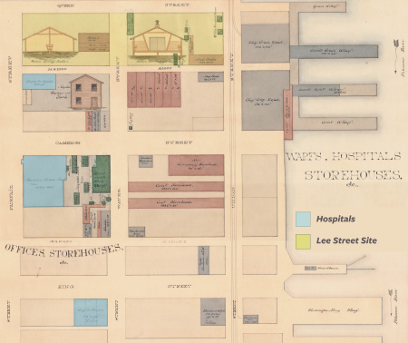 An 1865 map showing the wharves, hospitals, offices, and storehouses for the Union. The Lee Street Site is highlighted in yellow, showing hospital stables and offices. The immediate area surrounding the block shows three hospitals. 