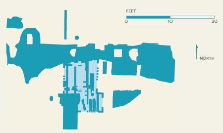 A stylized archaeological map of the Lee Street site showing the exposed brick foundations of a tavern.