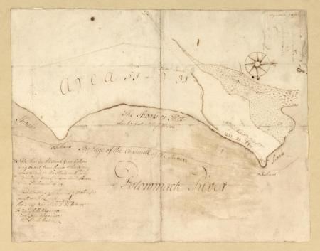 Map made by George Washington in 1748 before Alexandria was founded showing two points of land extending into the Potomac River with a shallow bay in between.