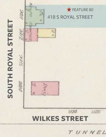 1885 Sanborn map showing the 418 South Royal Street property with location of the excavated Feature 80 in the backyard.