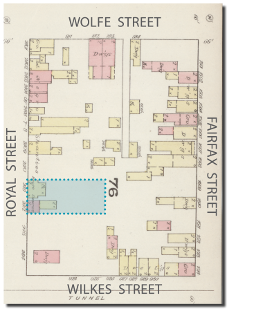 The two Coleman Site properties are highlighted on an 1885 Sanborn map showing one block of the Hayti neighborhood.