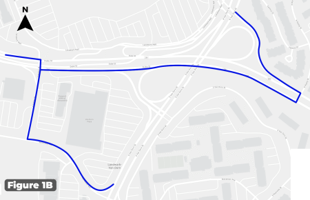 Pedestrian detour for the eastbound Duke Street to Van Dorn Street ramp and Van Dorn Street to eastbound Duke Street ramp.