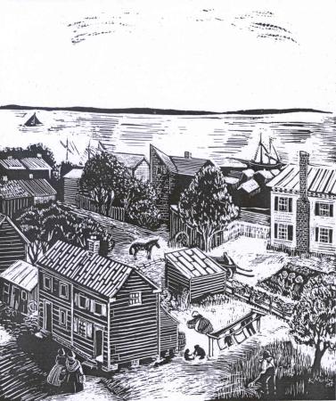 An artist's depiction of 1830s Hayti shows the Potomac River in the background with sailing ships, and the neighborhood in the foreground with frame two-story houses and duplexes, small outbuildings, livestock, and families doing work in the yards.