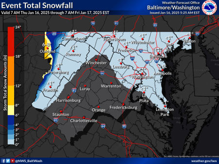 A map from the National Weather Service showing anticipated snowfall totals for the area