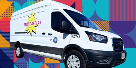 White mobile art lab van with the MAL and the COA logos on the side on a colorful background